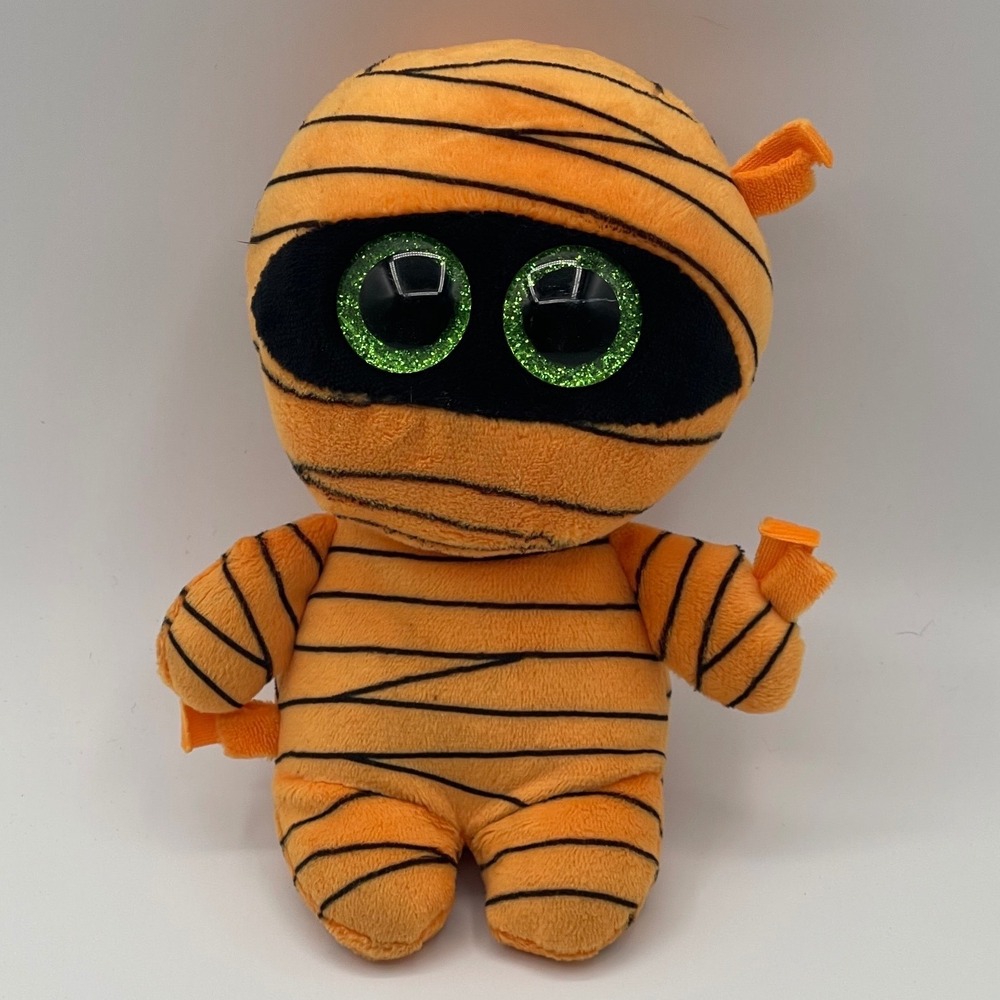 Ty Beanie Boos Mask the Mummy Orange Halloween Plush 2017 Green Glitter Eyes 6in